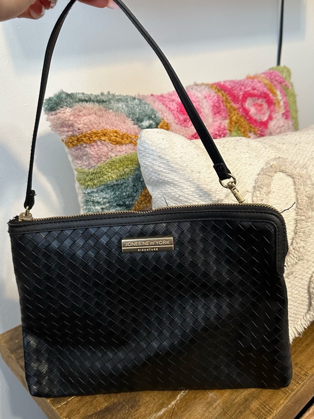 Jones New York Black Woven Shoulder Bag with Gold-Tone Plaque